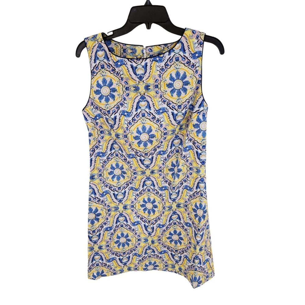 Betsey Johnson Dress Sz 8 Sheath Sleeveless Cotton Blue Yellow Pink White Print